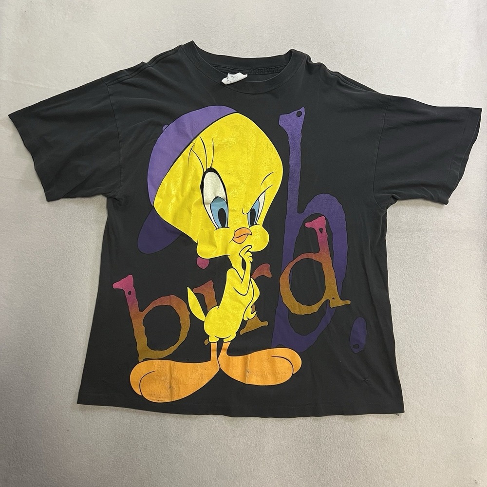 VTG 1993 Gangster Tweety Bird Looney Tunes T-Shirt XL Double Sided DAMAGED READ